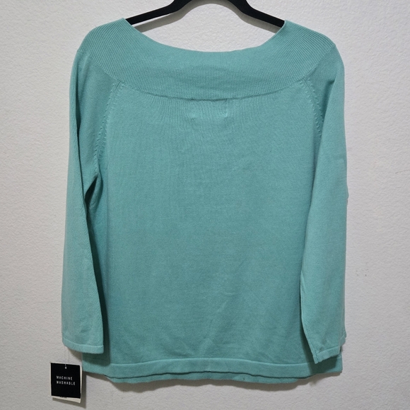 Sag Harbor Teal Aqua Knit Top Asymmetric Neckline with Bow Detail Size Large - Picture 6 of 11
